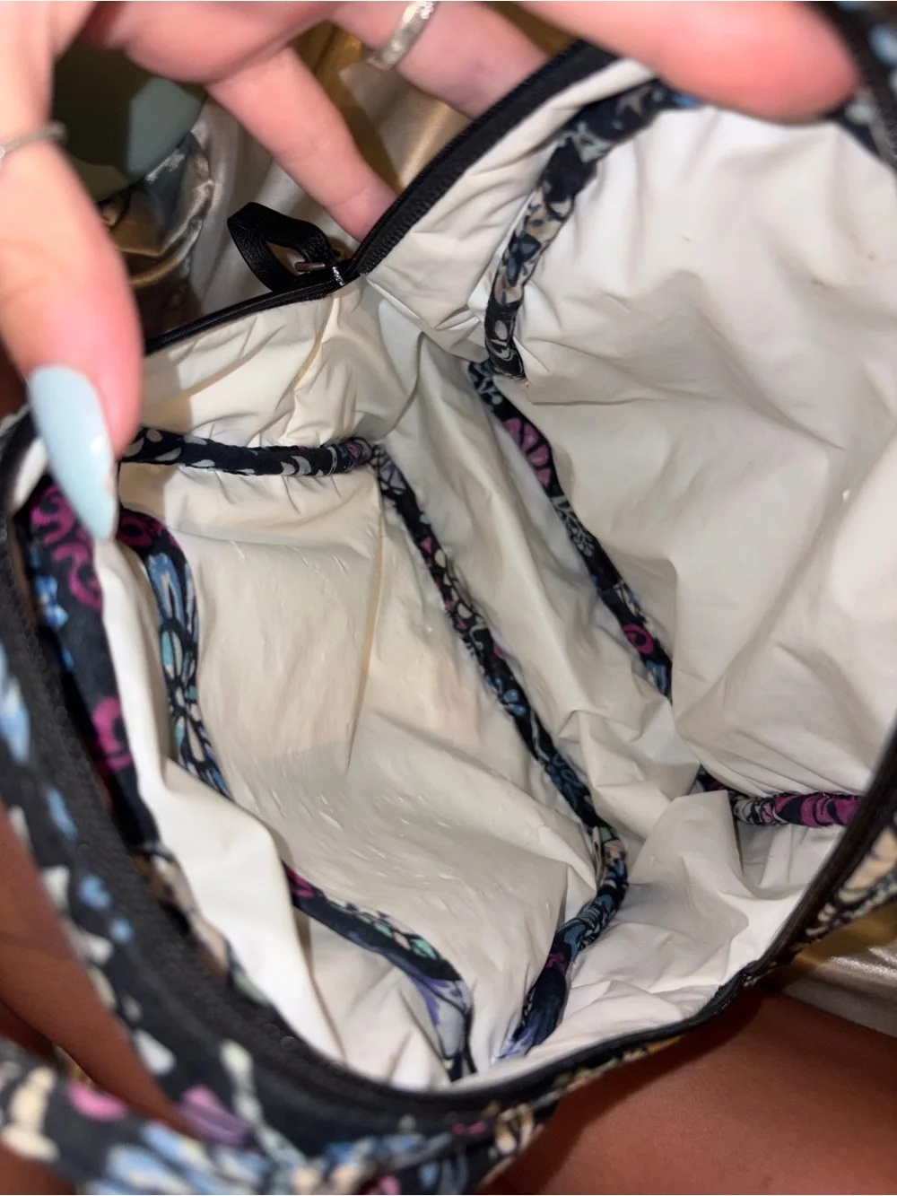 Quilted Floral Print Lunch Bag - Black with Blue & Purple Flowers